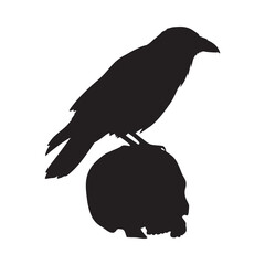 Mysterious raven perched atop a skull, perfect for Halloween, gothic themes or powerful symbolism. Striking, dark, and evocative design element.