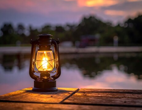 Illuminated vintage lantern on a wooden dock, reflecting in lake water