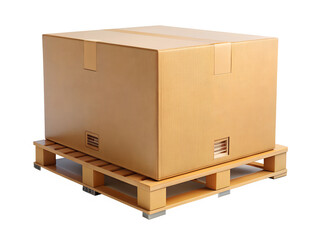 A cardboard shipping box on a wooden pallet, isolated on transparent background