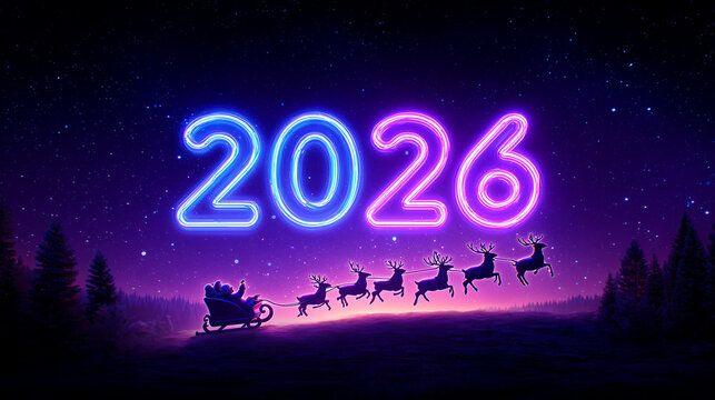 a neon sign with the numbers "2026" glowing in vibrant blue and purple, floating above an illustration of Santa Claus riding