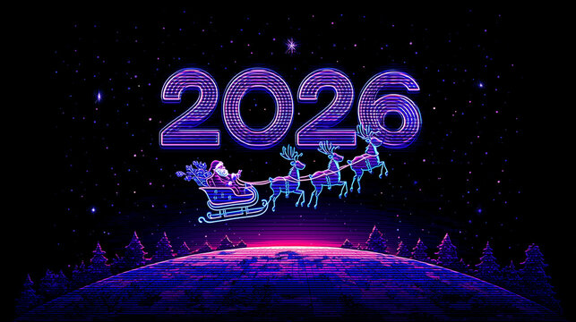 a neon sign with the numbers "2026" glowing in vibrant blue and purple, floating above an illustration of Santa Claus riding