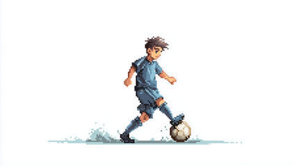 young soccer player wearing blue shoes and white shorts, standing on top of the ball with his foot