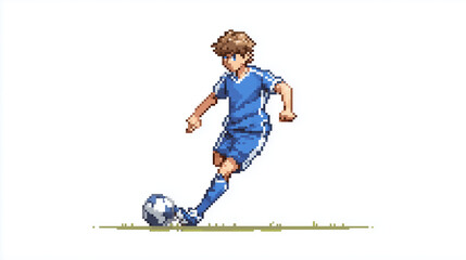 young soccer player wearing blue shoes and white shorts, standing on top of the ball with his foot