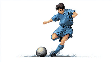 young soccer player wearing blue shoes and white shorts, standing on top of the ball with his foot