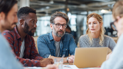 a diverse group of people in a workshop or meeting, discussing ideas and sharing experiences with one another while sitting on chairs in a conference room.