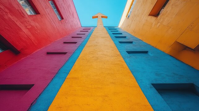 Colorful buildings with upward arrow - Powered by Adobe