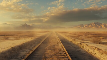 A perspective shot from between two tracks in a desert landscape, dust in the air and mountains in the distance.
