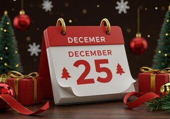 Christmas Calendar Showing December 25 with Gifts and Festive Decorations in Background