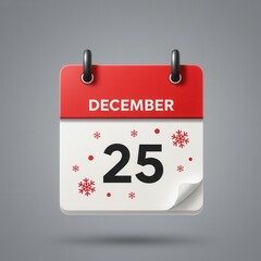 December Calendar Page with Date 25 and Festive Snowflake Decoration in Red and White Colors
