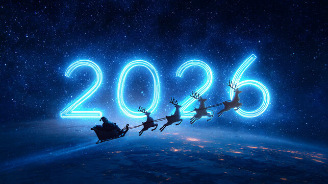 a neon sign with the numbers "2026" glowing in vibrant blue and purple, floating above an illustration of Santa Claus riding