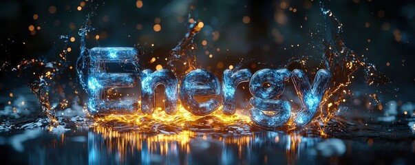 Glowing blue and fiery energy text surrounded by abstract water splashes