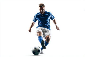 young soccer player wearing blue shoes and white shorts, standing on top of the ball with his foot