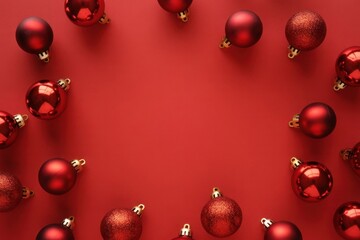 Crimson Cheer Ornaments: A festive assortment of radiant red Christmas ornaments artfully arranged against a rich red backdrop, creating an elegant and inviting holiday ambiance.