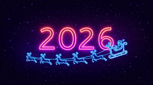 a neon sign with the numbers "2026" glowing in vibrant blue and purple, floating above an illustration of Santa Claus riding