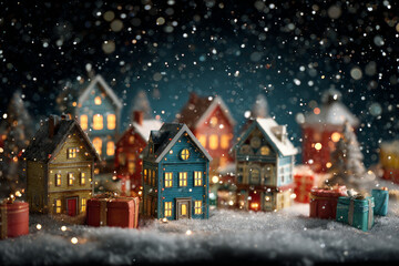 Fototapeta premium Magical christmas village with glowing house in snow with festive present