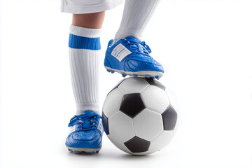 young soccer player wearing blue shoes and white shorts, standing on top of the ball with his foot
