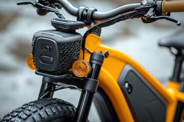 Close-up of modern electric bike handlebars and front basket design
