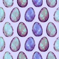 Magical seamless pattern of glossy purple and blue Easter eggs decorated with hearts, stars, and geometric patterns on light background, perfect for holiday designs.