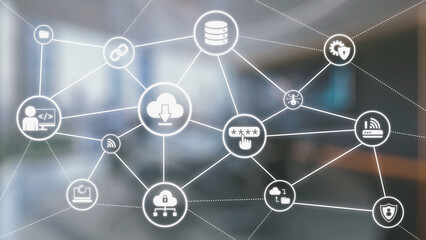 Obraz na płótnie Canvas Cloud computing, cloud strategy, and cloud technology transforming digital infrastructure with scalable services, secure data storage, and cloud-based digital business solutions. Spire