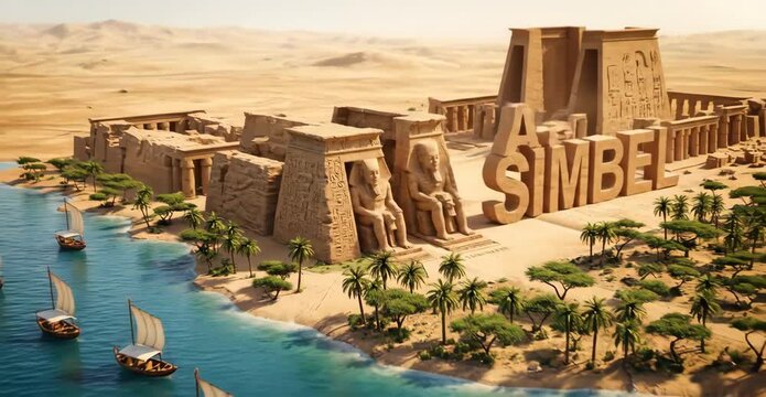 Epic cinematic animation of Abu Simbel Temple with colossal statues of Ramesses II rising from an ancient map into a hyperrealistic desert cliffside beside calm water and sailboats.