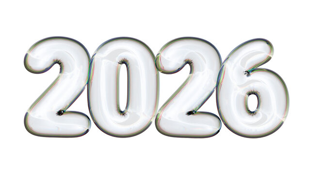 New Year holidays event background, bubble transparent 2026 numbers, 3d render