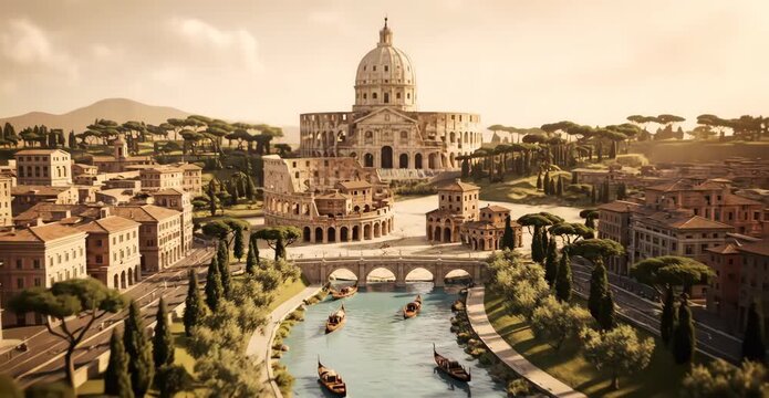 Vibrant cinematic animation of ancient Rome emerging from an antique map, with the Colosseum, canals, gondolas, cypress trees, and St. Peter&rsquo;s Basilica under warm golden light.