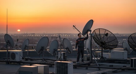 Rooftop communication array installer with sunset and city backdrop