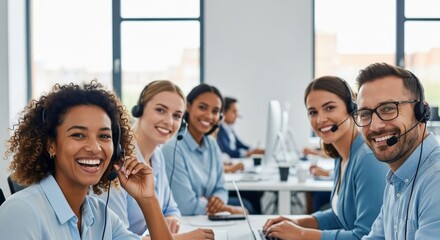 Diverse happy call center team ready to assist customers and provide services