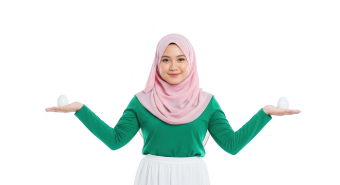 Balancing act: A young woman in a vibrant hijab, balances eggs in each hand, smiling, and presenting a serene expression of control and equilibrium.