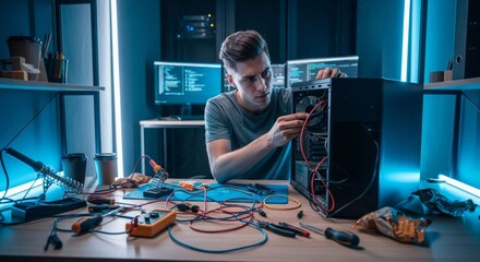 Young Technician Troubleshooting a Personal Computer in a Workshop Setting