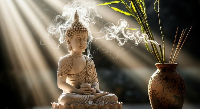 Meditating Buddha Statue with Incense Smoke Light Rays