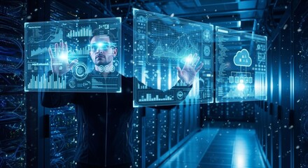 Data scientist interacting with server infrastructure and virtual reality interfaces
