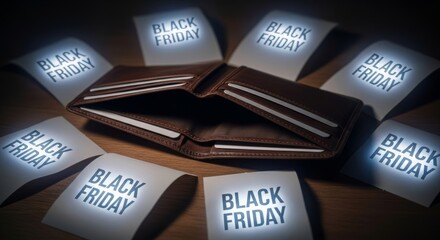 Empty wallet surrounded by Black Friday sale advertisements concept