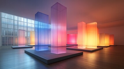 Colorful translucent rectangular structures in a gallery