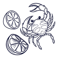 Crab and lemons line art illustration