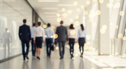 Abstract blur image with business people walking down a modern hallway