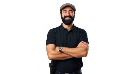 Smiling Man Portrait: A confident, smiling man, sporting a hat, and a well-groomed beard, poses with arms crossed, exuding warmth and approachability.