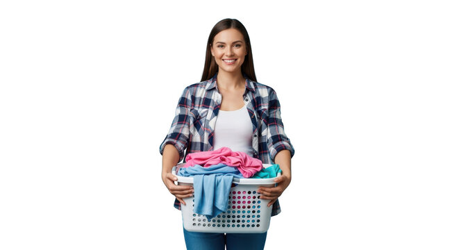 A Basketful of Fresh Laundry: A cheerful individual holds a laundry basket brimming with clean clothes, radiating a sense of home and domesticity.