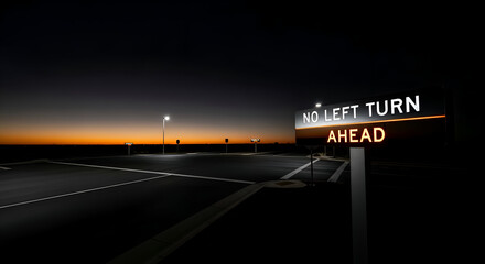 Illuminated Sign At Dusk Prohibits A Left Turn With The Sunset In The Background