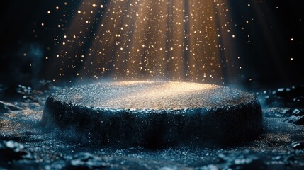 Dark, circular rock pedestal bathed in golden light