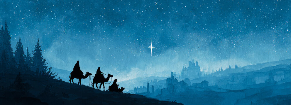Hopeful wise man silhouette on camel journey at night following nativity star - Powered by Adobe