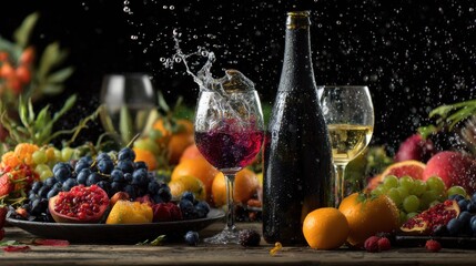 splashing red wine with fresh fruit,