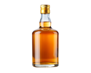 A clear glass bottle filled with amber liquid, isolated on transparent background