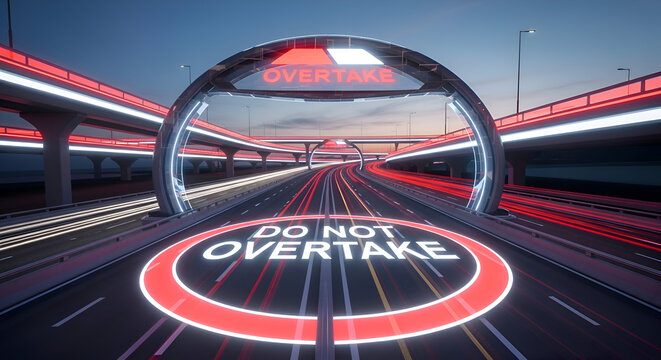 High-Tech Highway with Illuminated Signage Guides Traffic Flow During Evening Transit