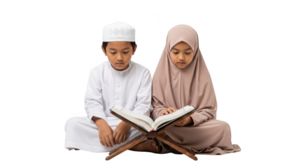 Sacred Reading: A Muslim boy and girl engage in a moment of focused learning. The boy, in a traditional white cap, and the girl, in a modest headscarf, delve into the verses of a holy book.