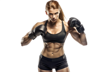 Muscular woman boxer with black boxing gloves and athletic wear on black background