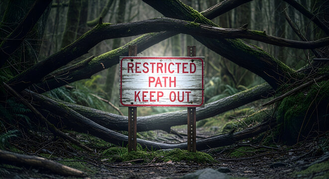 Forbidden Forest Path: Illuminated Sign Warns Against Entry into Enigmatic Woods