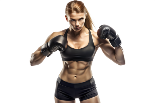 Muscular woman boxer with black boxing gloves and athletic wear on black background