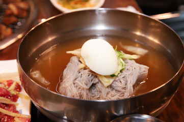 Korean cold noodles in chilled broth