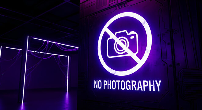 Forbidden Photography Sign Illuminated In A Futuristic, Dark, And Stylish Neon Environment